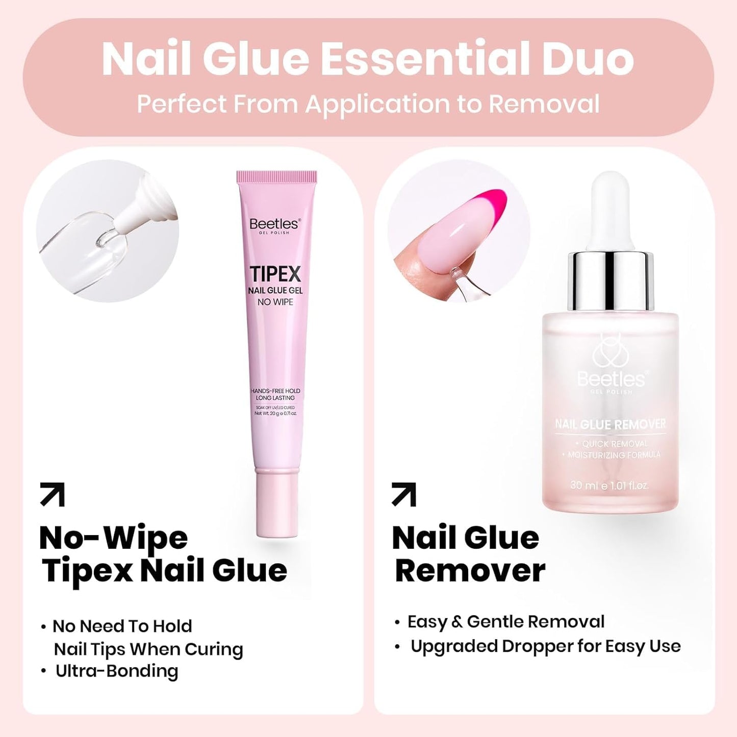 Beetles Nail Glue & Remover Kit | 20g No Wipe Hands-Free Gel for Press-On Nails - Includes 30ml Remover & Tools