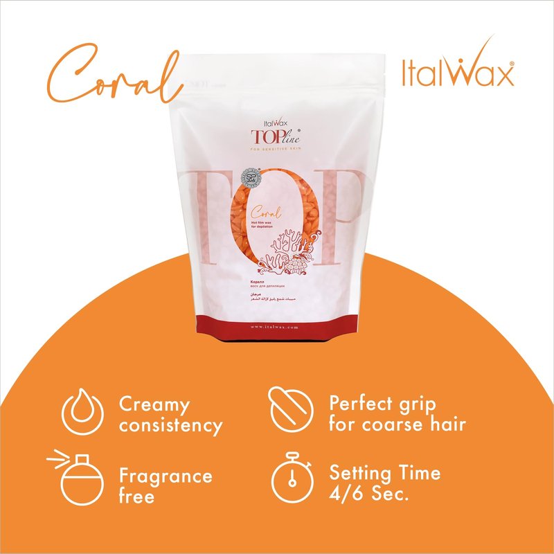 Italwax Top Line Coral Hard Wax Beads 1lb (450 g) – Creamy Strong Grip Wax for Bikini & Coarse Hair, Suitable for Sensitive Skin, Professional Use – Made in Italy