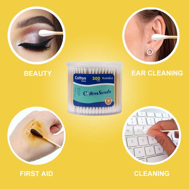 Cotton Swabs - 300ct Biodegradable Bamboo Sticks | 100% Pure Natural Cotton, Chemical-Free