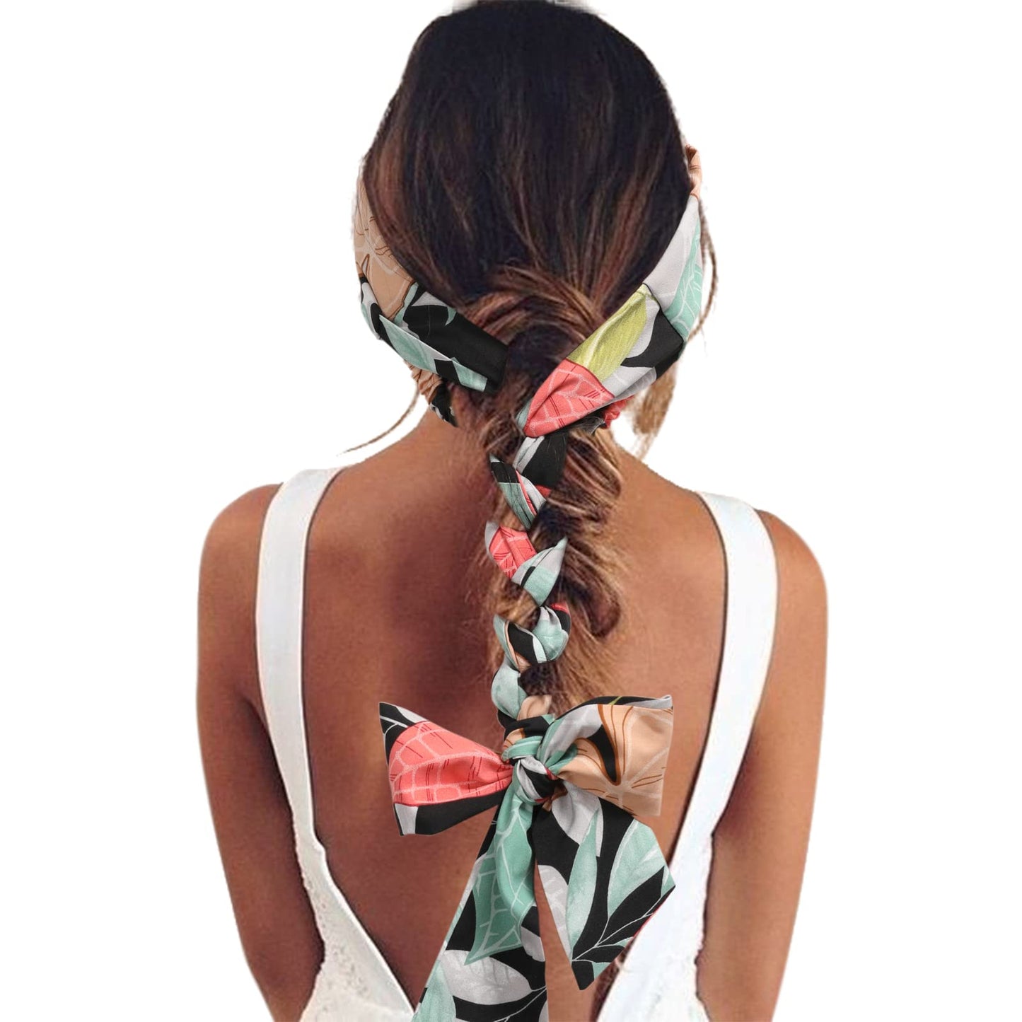 AWAYTR Women's Long Head Wraps - 3PCS Chiffon Criss Cross Headbands for Long Thick Hair (Flowering leaves, Red, White, Black)