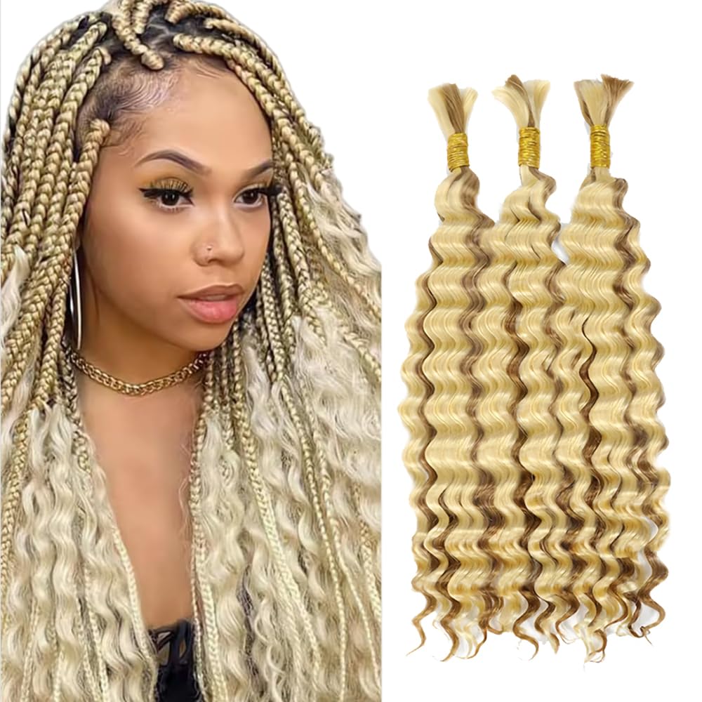 30 30 30 Inch 613 Human Braiding Hair For Boho Braids Honey Blonde Deep Wave Bulk Human Hair For Braiding No Weft 3 Braids Per Pack 27 Mixed With 613 Color