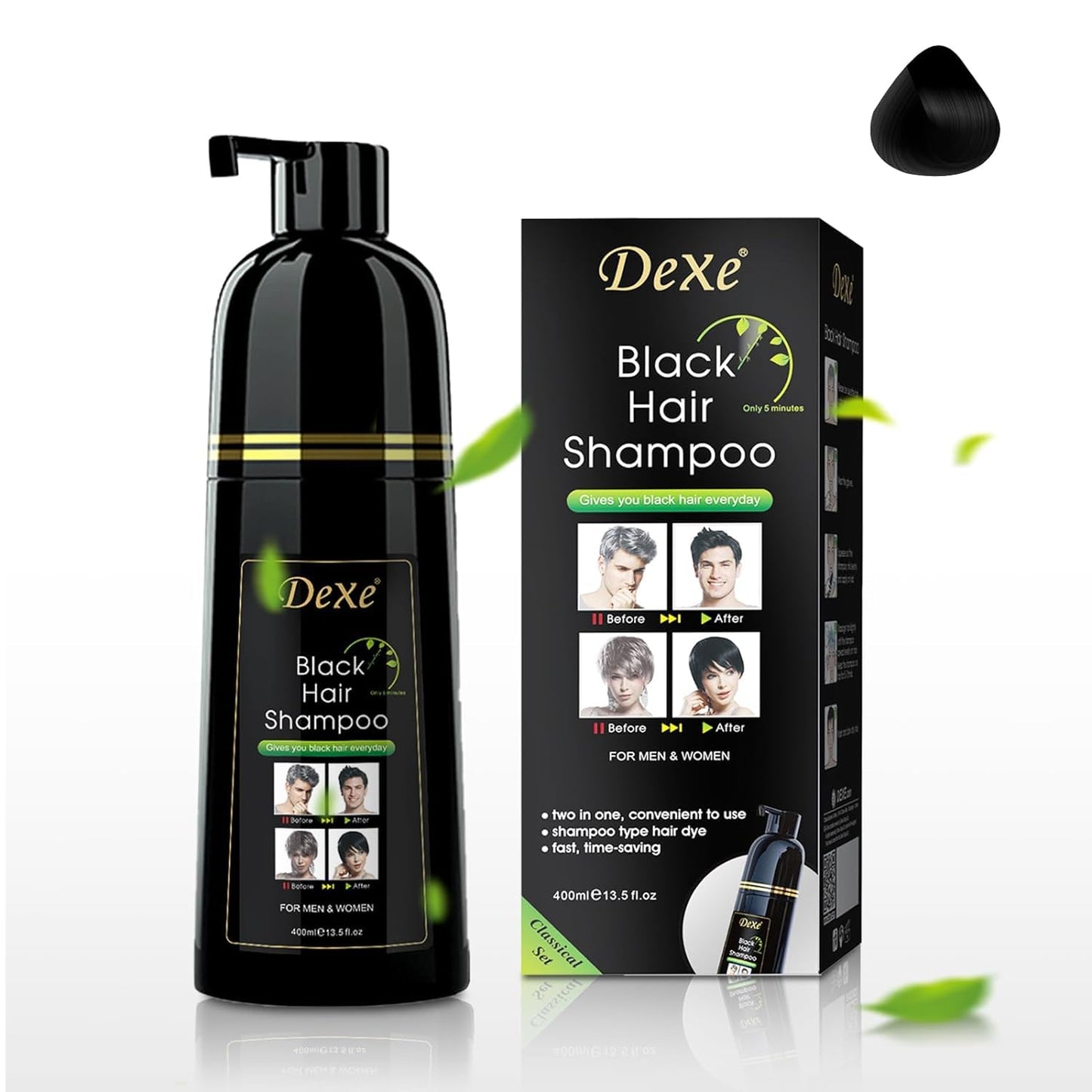 YUOLITA Brand 3-In-1 Black Hair Dye Shampoo, Herbal Ingredients, 100% Gray Coverage, Instant Hair Color Shampoo for Men Women, Natural Hair Lasts 30 Days, 400ML