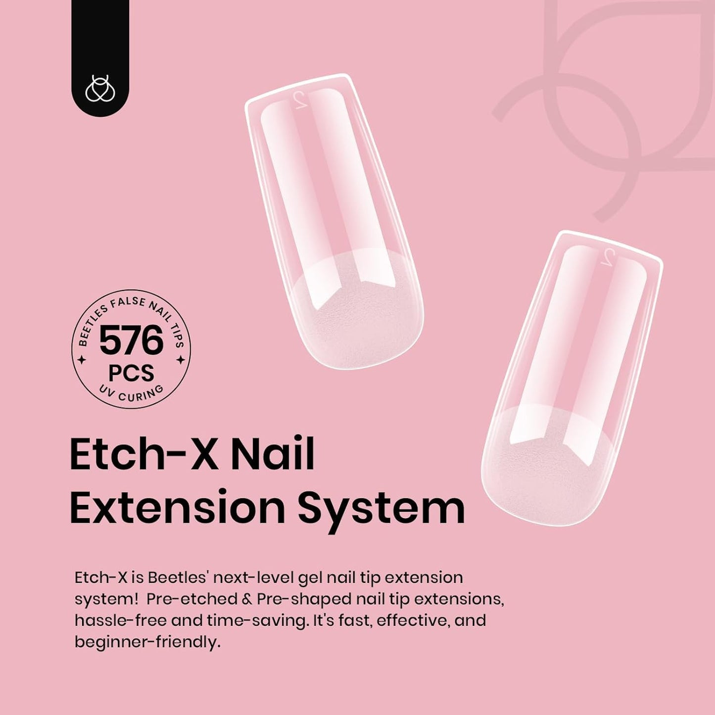 Beetles Nail Tips Medium Square 576Pcs 12 Sizes - Pre-Etched Soft Acrylic Nail Tips Half Matte False Nails Nail Art Full Cover Press Ons Nail Extensions Gift Set Home DIY Nail Salon