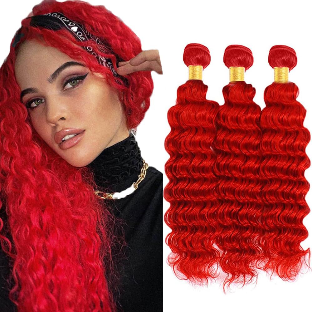 Red Bundles Wine Red Deep Wave Bundle Human Hair 3 Bundles/150g 8A Grade Peruvian Virgin Hair Weave 20 22 24 Inch Burgundy Bundle Hair Extensions