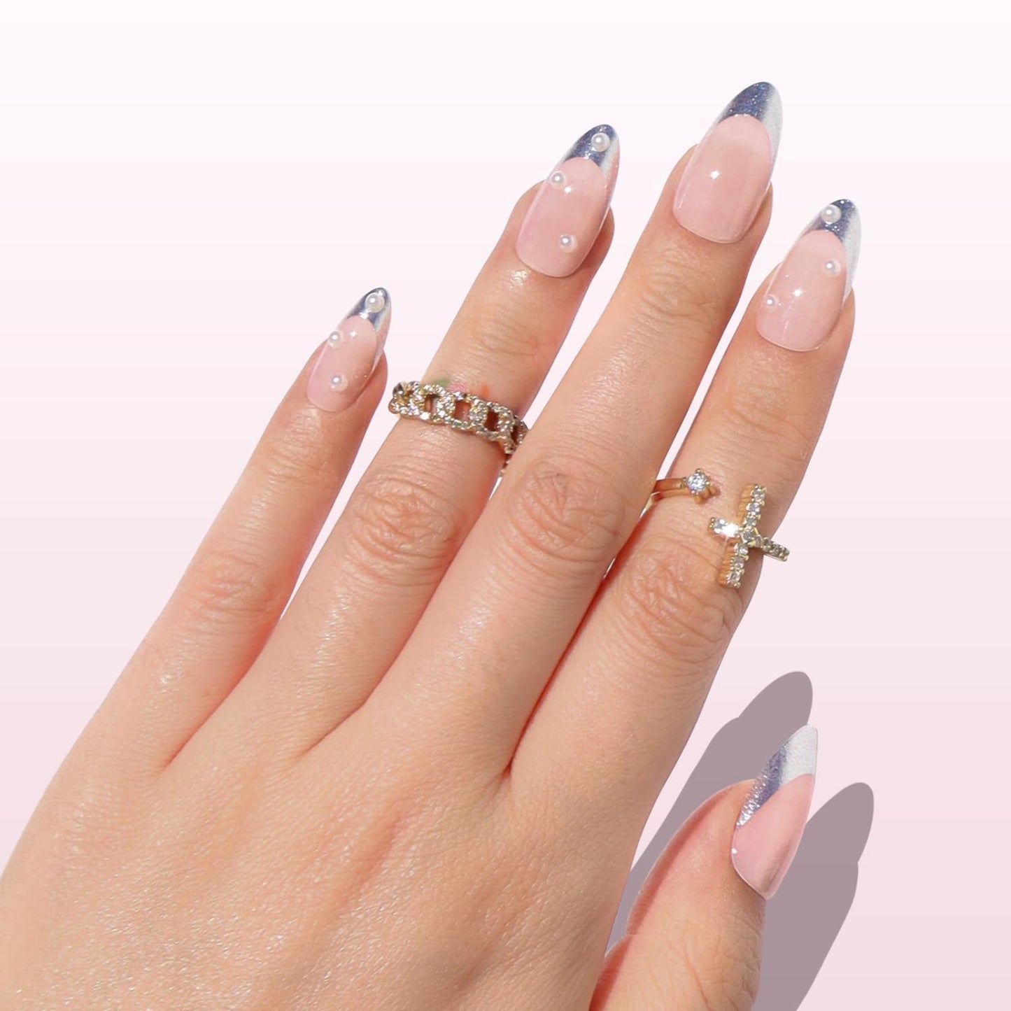 Press On Nails - Sheer Nude Medium Almond with Metallic Silver French Tip & Pearl | 15 Sizes, Reusable Stick-On Nail Kit for Women