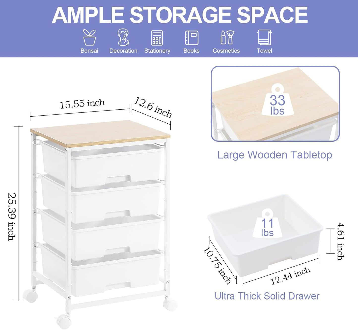 Utility Cart - 4-Tier Rolling Storage Organizer with 4 Drawers & Lockable Wheels | Bright White for Home & Office