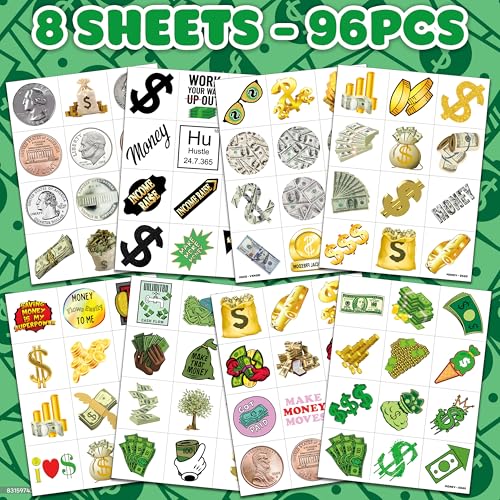 96 PCS Kids Fun Money Temporary Tattoos Set with Dollar Sign Stickers