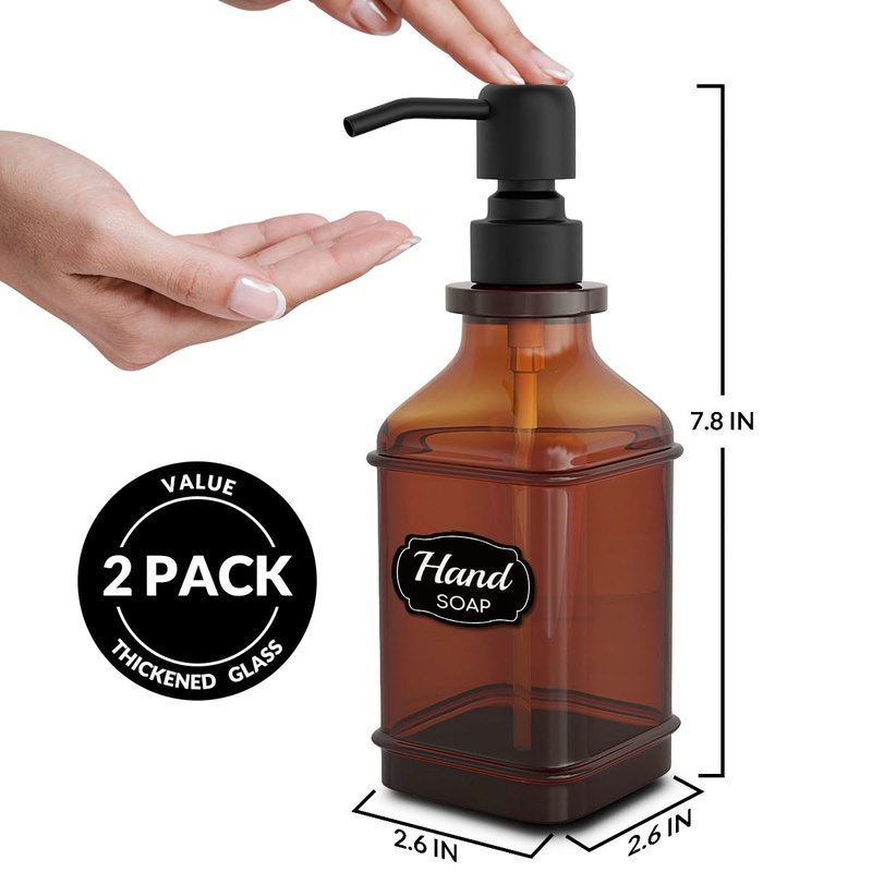 LMQML Soap Dispenser - 2 Pack, Antique Design Thick Amber Glass Hand Soap Dispensers with Sturdy Tray; 304 Rust Proof Stainless Steel Black Pump, 12Pcs Stickers, for Kitchen, Bathroom- Black