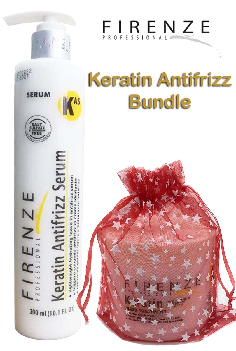 Firenze Professional Hair Care Bundle - Keratin Antifrizz Leave-in Serum and Keratin Mask Treatment Pack with Free Red Gift Bag, 3.37 Fl Oz (Pack of 3)