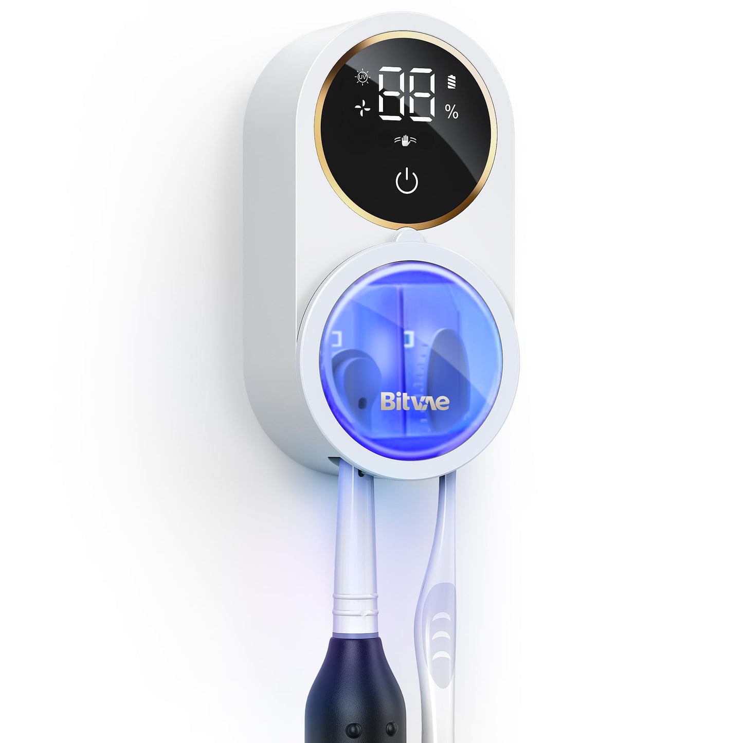 Bitvae Upgraded Tooth Brush Holder for Bathroom 2.0, Infrared Sensing Toothbrush Cleaner, Wall-Mounted for Most Size Toothbrushes, Air Drying, LED Smart Screen, White Gold Trim
