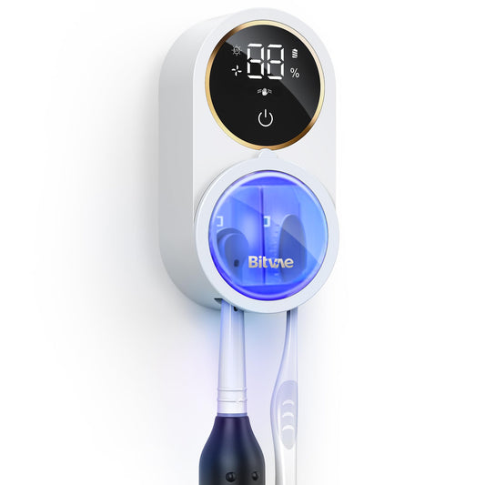 Bitvae Upgraded Tooth Brush Holder for Bathroom 2.0, Infrared Sensing Toothbrush Cleaner, Wall-Mounted for Most Size Toothbrushes, Air Drying, LED Smart Screen, White Gold Trim