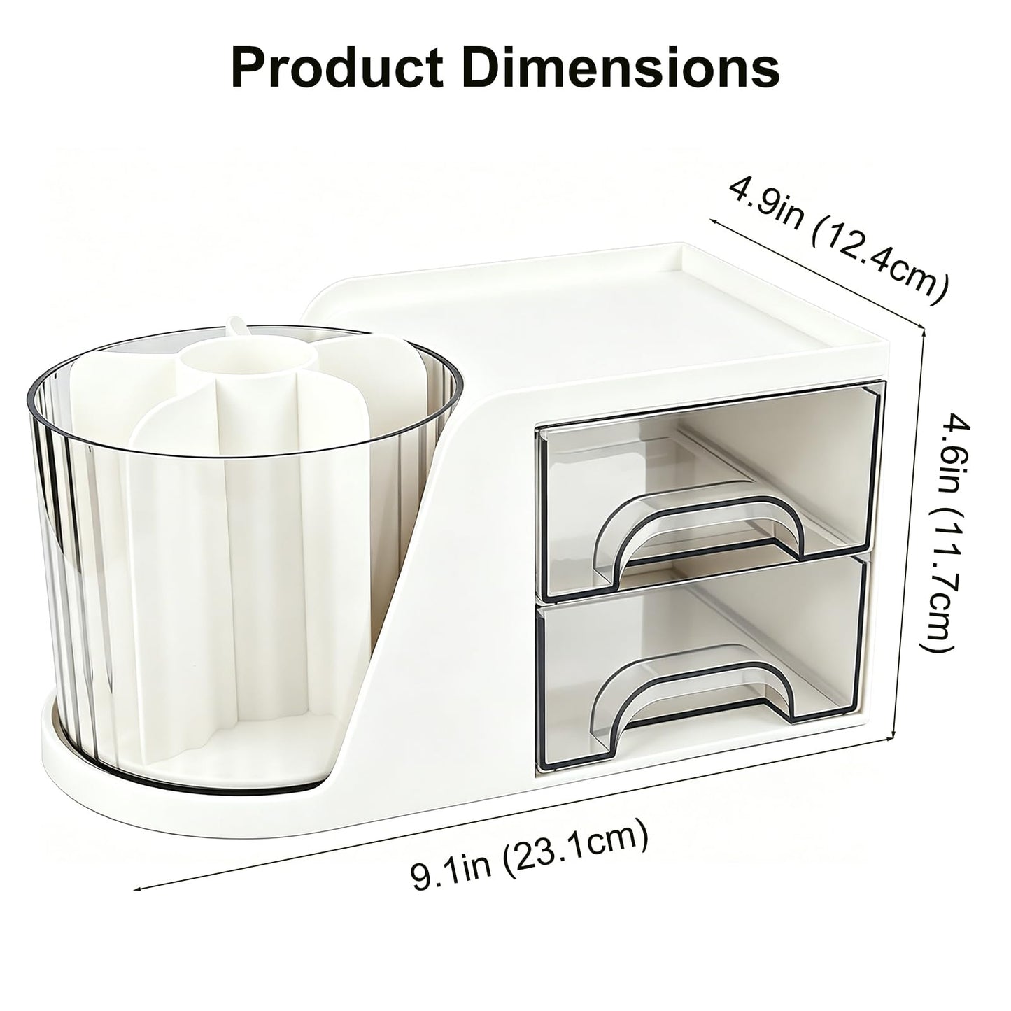 Neehows Makeup Organizer with 360°Rotating Brush Holder & 2 Drawers - White