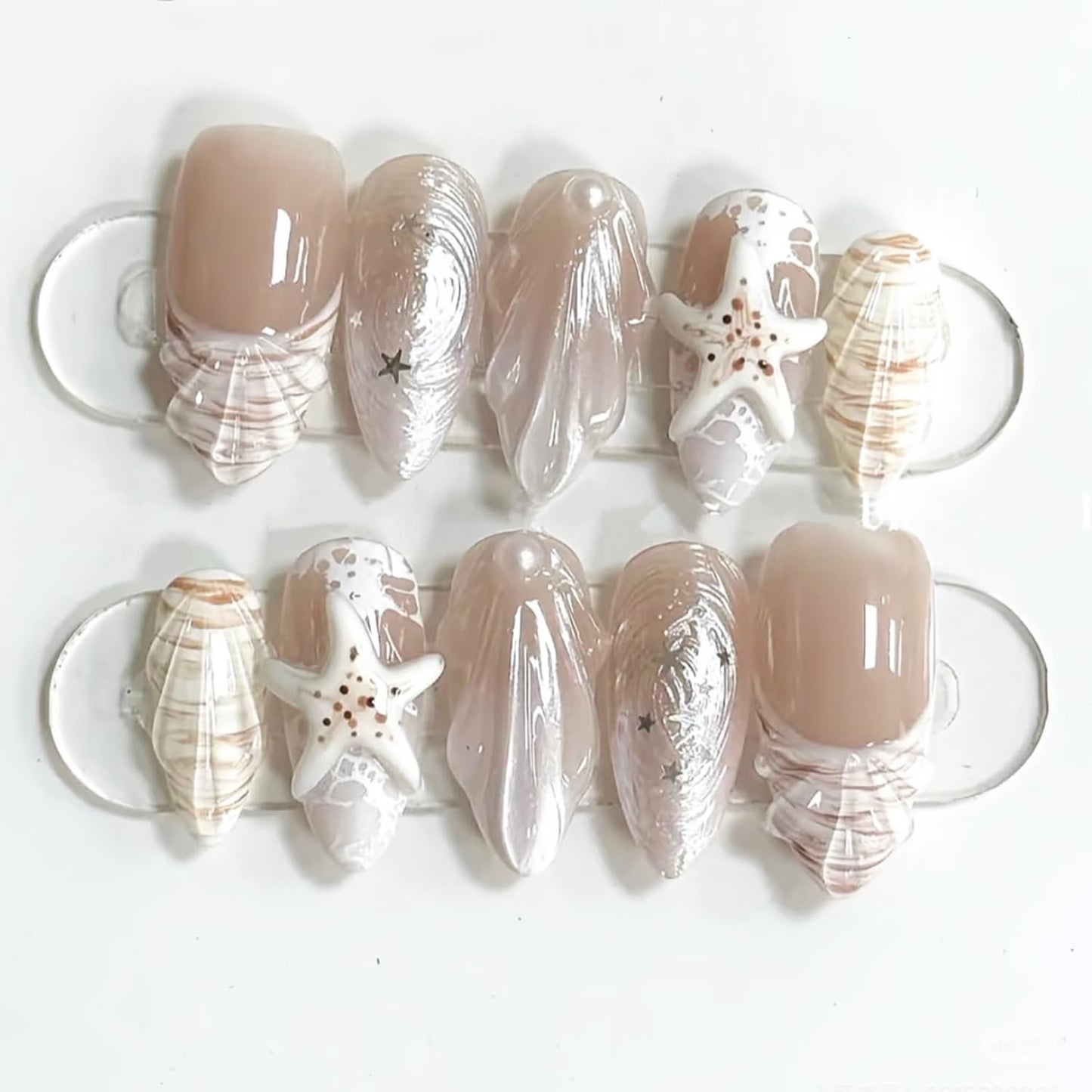 30Pcs Summer Beach Press-On Nails - Medium Almond French Tip with 3D Pearl Seashell Designs | Ocean-Inspired Acrylic Nails for Women