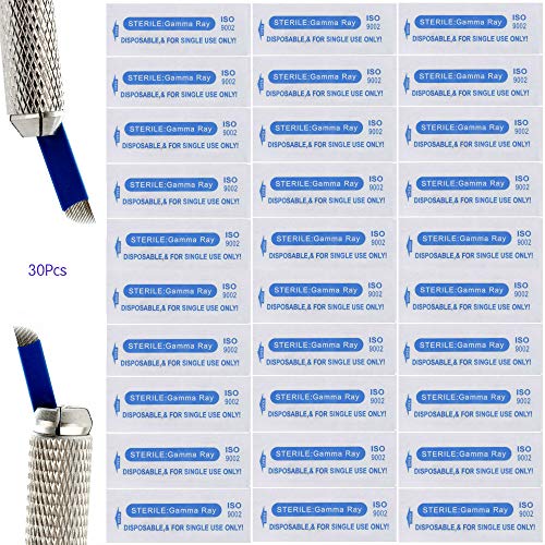 KAIQIKAIXI 30Pcs Disposable Eyebrow Microblading Needles 18 Needle Set for Single Use Blue