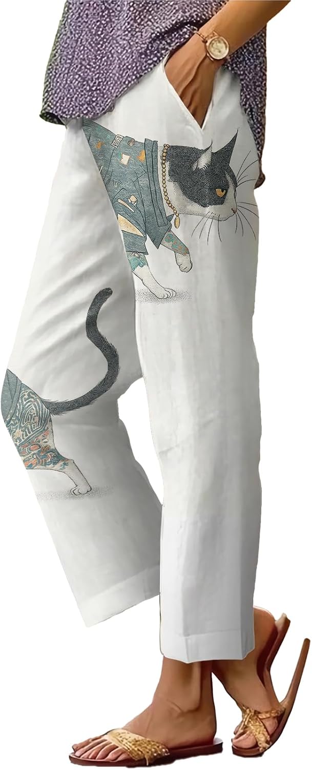 Womens Plus Size Floral Boho Capris - Elastic Waist Beach Trousers | Casual Summer Pants