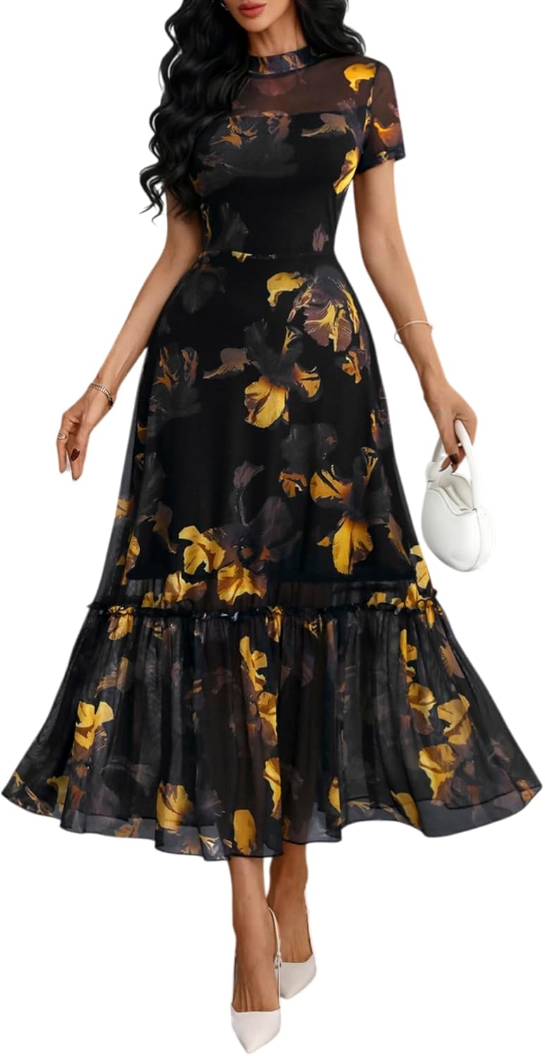 Floral Mesh Ruffle Maxi Dress for Women - Casual Summer Wedding Guest Dress | Short Sleeve, Waist-Cinched
