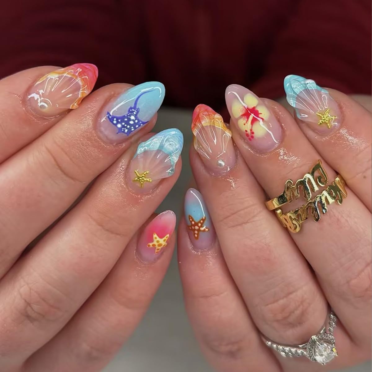 Press On Nails - Glossy Marble Medium Almond with 3D Flower & Gold Star Charms | 30 Pcs, Reusable for Ocean Beach Manicure