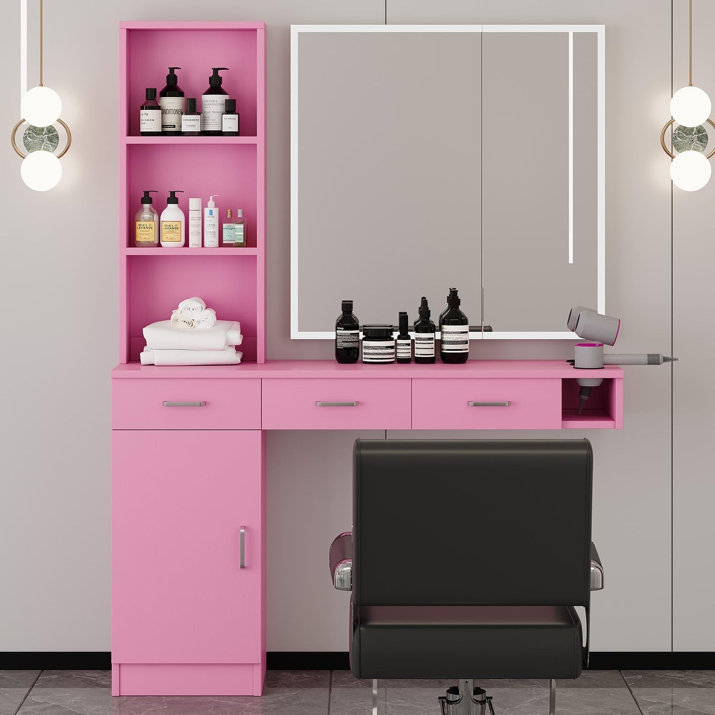 Salon Stations for Hair Stylist, Wall Mount Barber Station with Barber Cabinet, Hair Station Equipment Hair Dryer Holder, Drawers, Storage Cabinet for Hair Styling, Mirror not Included, Pink