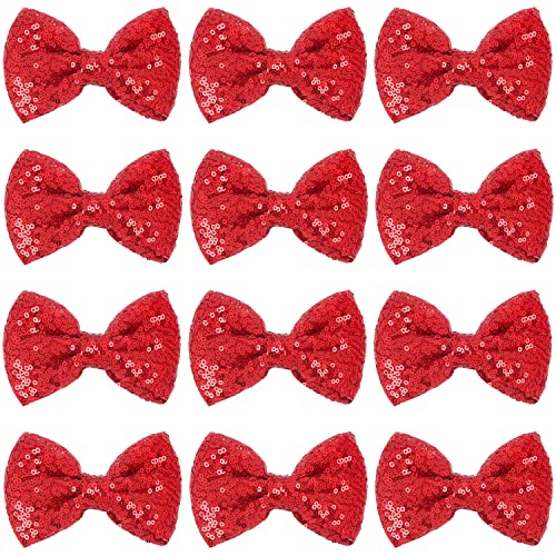 12-Piece Red Sequin Cheer Bows for Girls - 4.7" Large Hair Clips