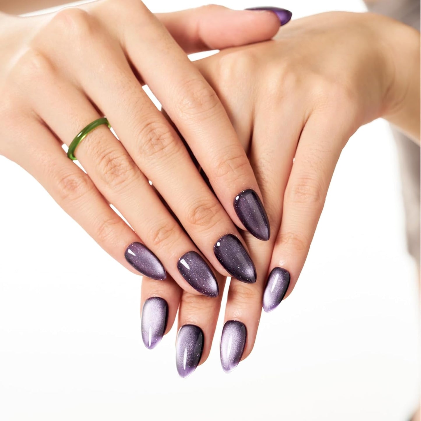 Dark Purple Magnet Cat Eyes Press-On Nails - Short Almond Shape | Handmade Jelly Gel Kit with Ombre Glitter