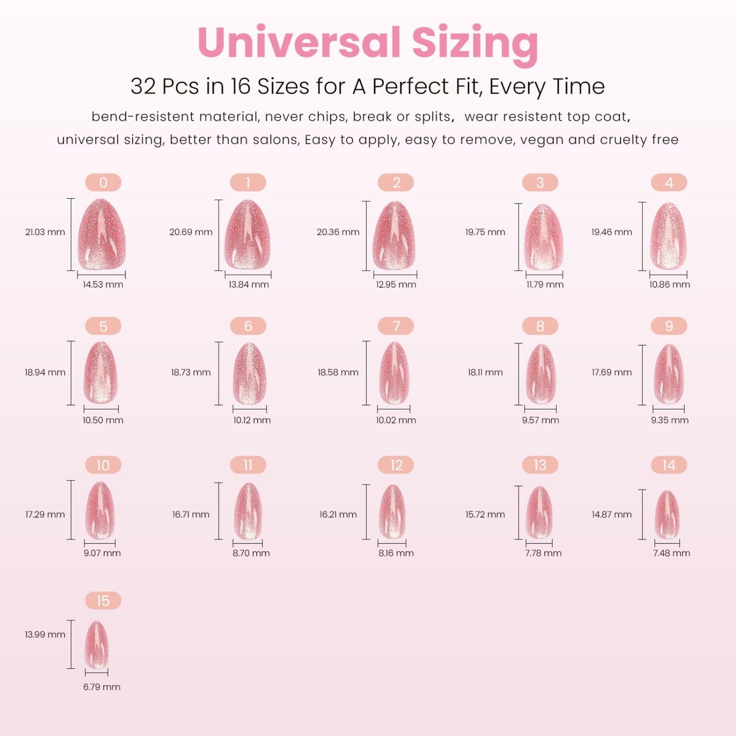Press On Nails - Pink Quartz Cat Eye Velvet Short Almond | 32 Pcs in 16 Sizes, Reusable Stick-On Nail Kit for Salon Quality Manicures