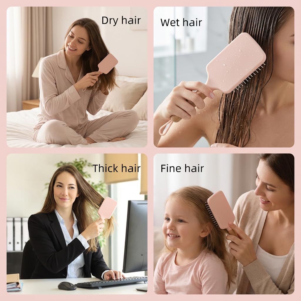 Detangling Hair Brush for Thick, Curly Hair - Solid Wood Handle & Cushion Base | Blue