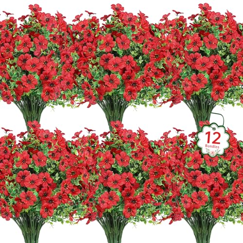 12 Pcs UV Resistant Artificial Flowers for Outdoor Decor