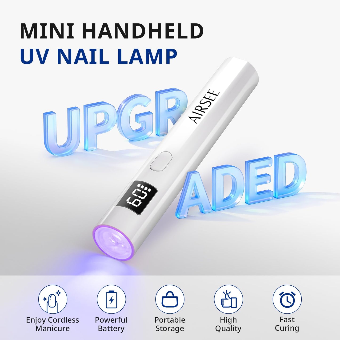 AIRSEE Mini Handheld UV Light with Storage Bag & LCD Display,Cordless Nail Lamps,2 Timers for Fast Cure All Soft Gels, Especially Rhinestone Glue and Gel Nail Strips at Home,Travel(White)