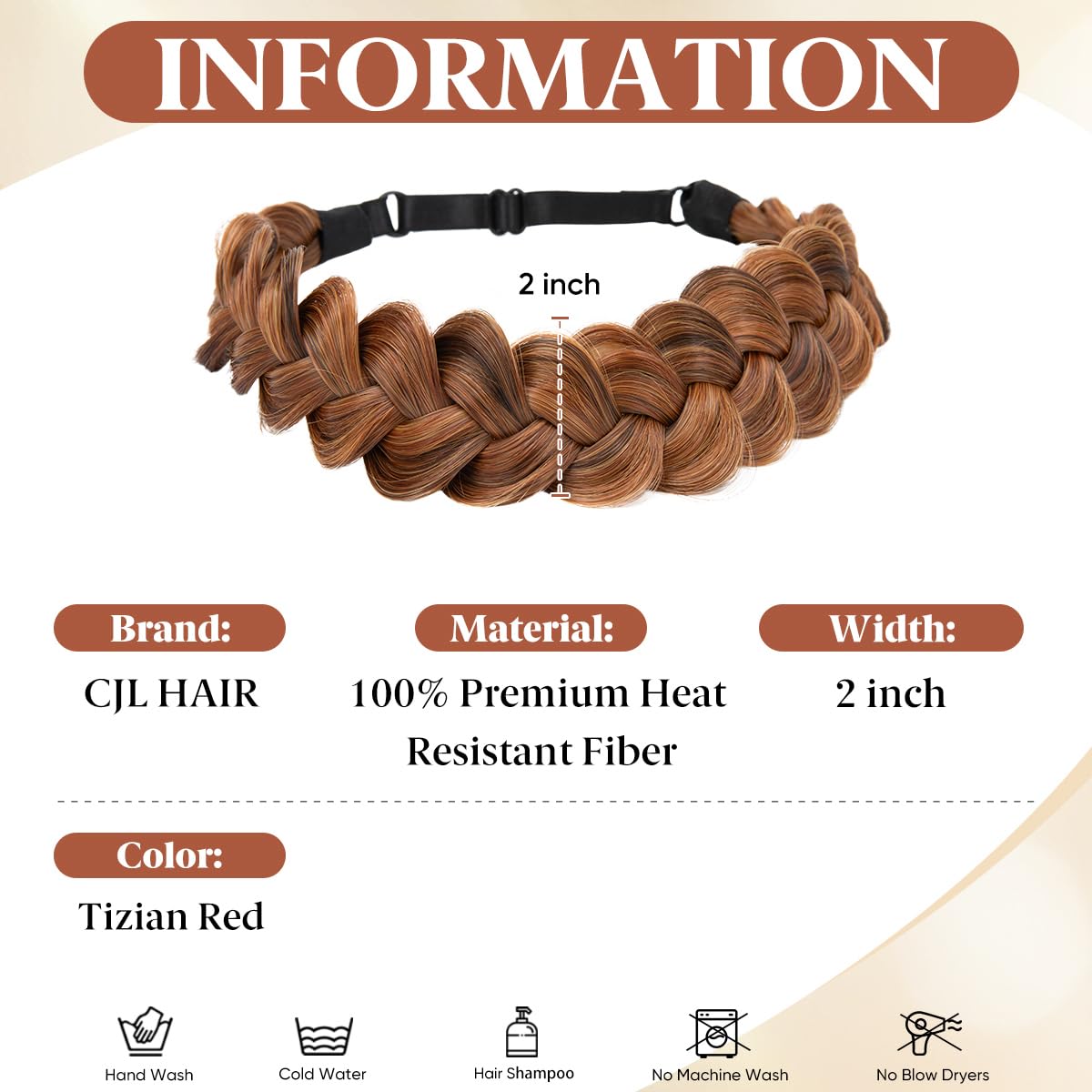 CJL HAIR Wide Elastic Braided Headbands for Women with Adjustable Strap Synthetic Hair Head Bands Handmade Braid Hairband Hairpiece 1PC Tizian Red