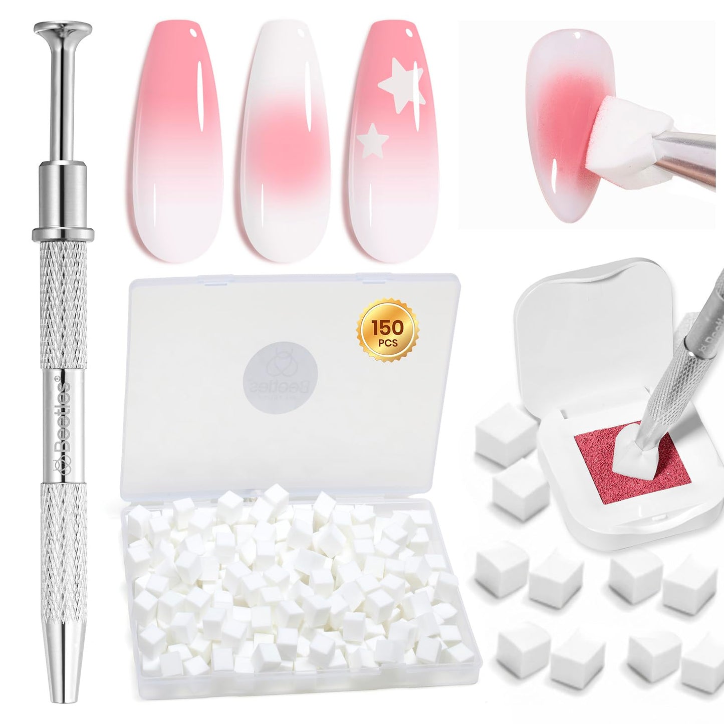 Beetles 150Pcs Soft Nail Sponges for Ombre, White Nail Sponge with Grabbing Pen, Pink Pat Painting Gel Polish Kit for Gradient Ombre Blush Chrome Design Nails Art Tools, Home DIY Salon Manicure