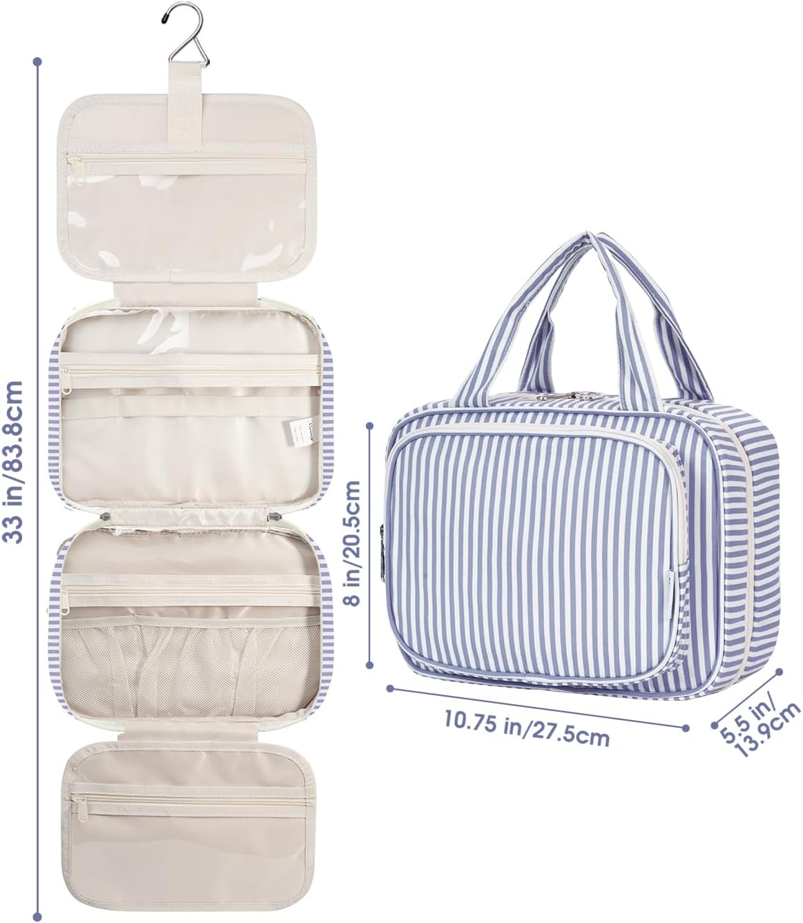 Narwey Hanging Toiletry Bag for Women - Travel Makeup Organizer | Medium Greyish Blue Stripe