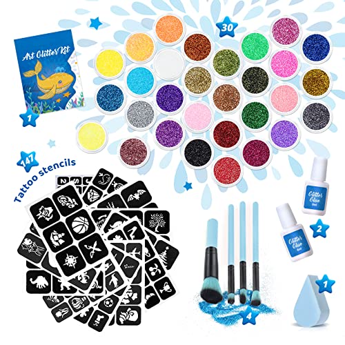 Bledras Temporary Glitter Tattoo Kit for Kids & Adults - 30 Colors & 147 Stencils