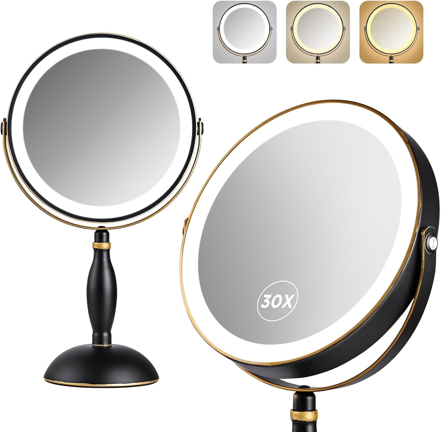 Lighted 30x Magnifying Makeup Mirror - Adjustable Brightness, 3 Color Modes | 5000mAh Rechargeable, 360° Rotation