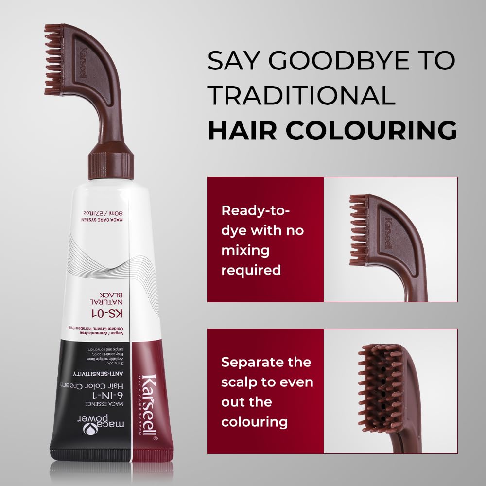 Karseell Hair Dye, Black Hair Dye with Comb Applicator, Maca essence 6-IN-1 Ammonia Free No Mix Hair Color for 100 Percent Gray Coverage Hair Dye, 80ml-Black