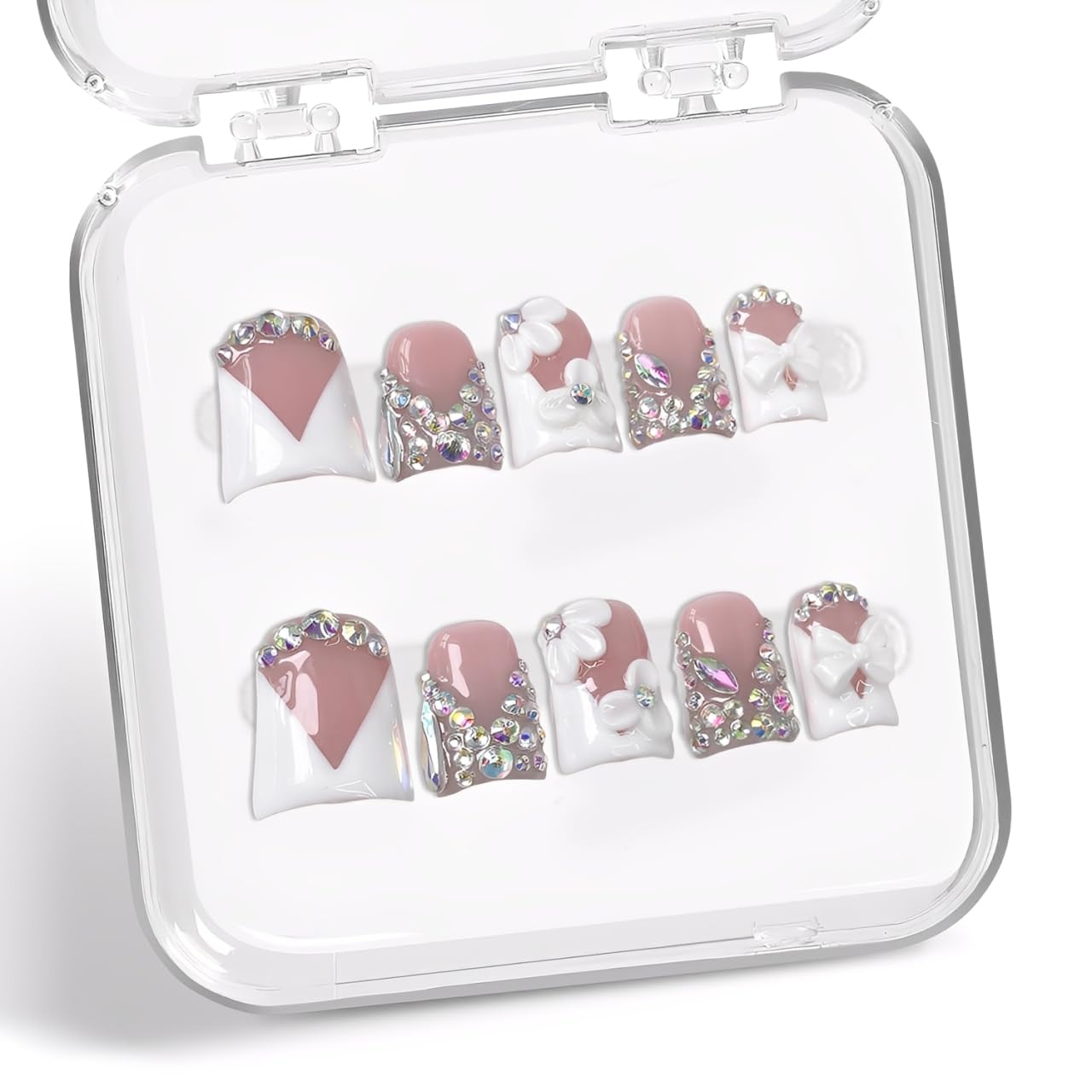 Colorful 3D Flower Press-On Nails - Handmade Thick Acrylic Full Cover | White French Tip (Medium)