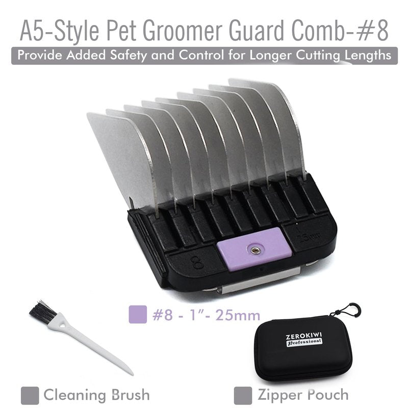 Professional A5-Style Animal Clipper Stainless Steel Color-Coded Snap-on Attachment Guard Guide Comb, 1/8"-1" Compatible with Wahl KM Series Oster A5 Andis Detachable Blade Pet Dog Groomers (#8-1")