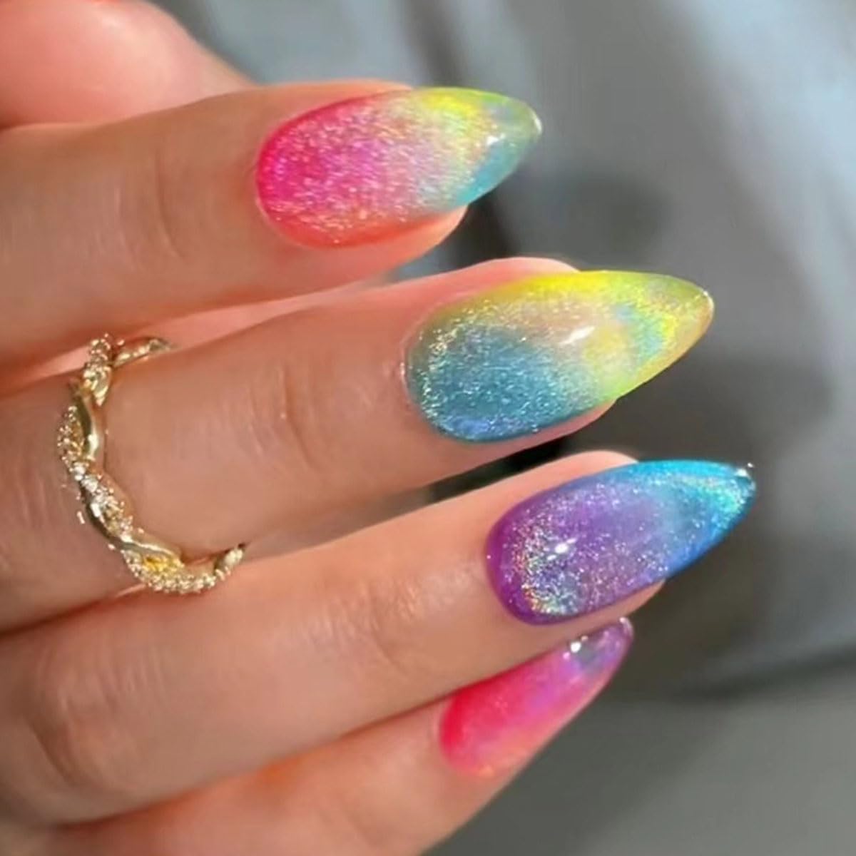 Colorful Cat Eye Press-On Nails - 24 Pcs Short Almond Acrylic Tips | Rainbow Glitter Design