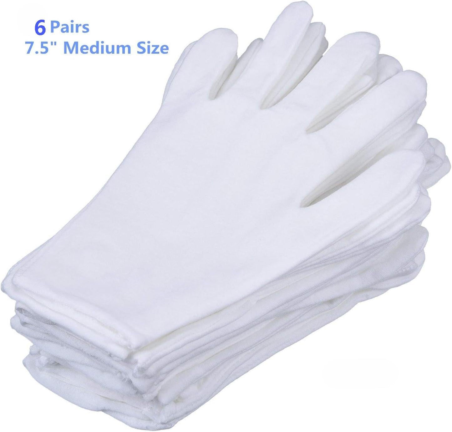 6 Pairs White Cotton Gloves Medium Size 7.5" moisturizing,Film CD/DVD, Dress Jewelers Coin Handling Inspection Gloves - M （Medium）