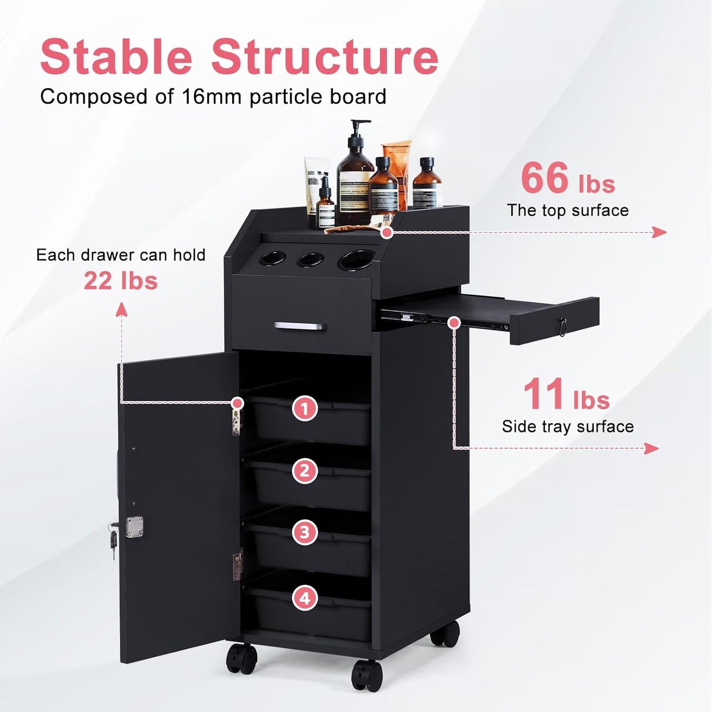 Hair Salon Storage Cart - Mobile Makeup Case with Wheels, 3 Hair Dryer Holders & 4 Drawers | Black Utility Trolley