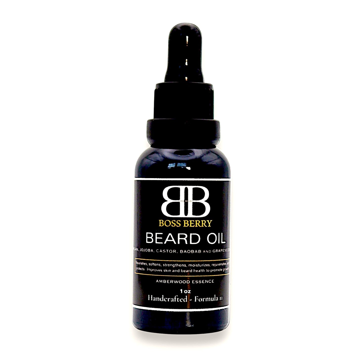BOSS BERRY Sovereign Beard Elixir (Amberwood Essence) for Men - Natural Beard Growth with Argan, Castor, Hemp and Baobob Oil - 100% Organic, Sandalwood Fl Oz