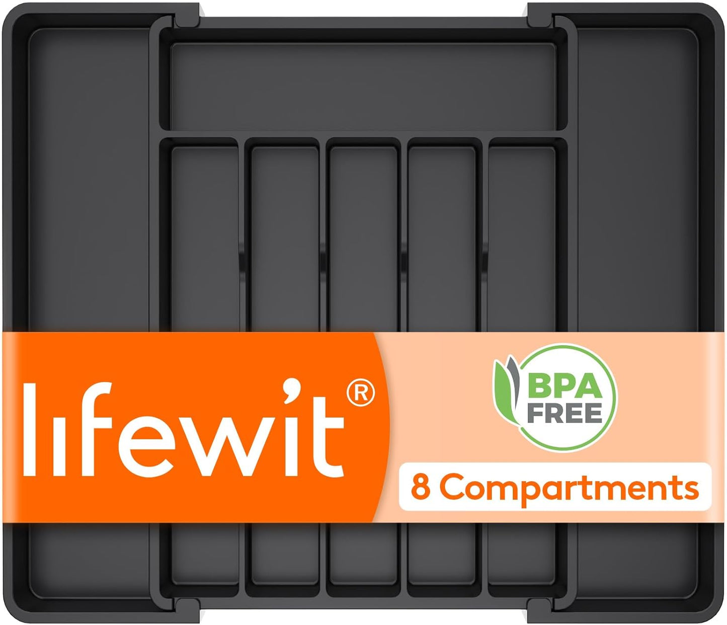 Expandable Silverware Organizer - BPA-Free Plastic Utensil Tray for Kitchen Drawer | Space-Saving Cutlery Holder, Black, 8.5-14 x 12 x 1.5 Inch