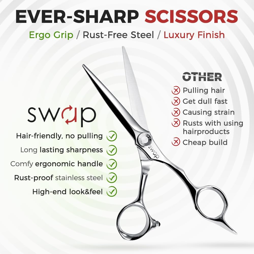 SWAP Professional Hair Cutting Scissors - 6.0'' Japanese SUS 440C Steel Shears with Adjustable Tension for Salon & Home Use