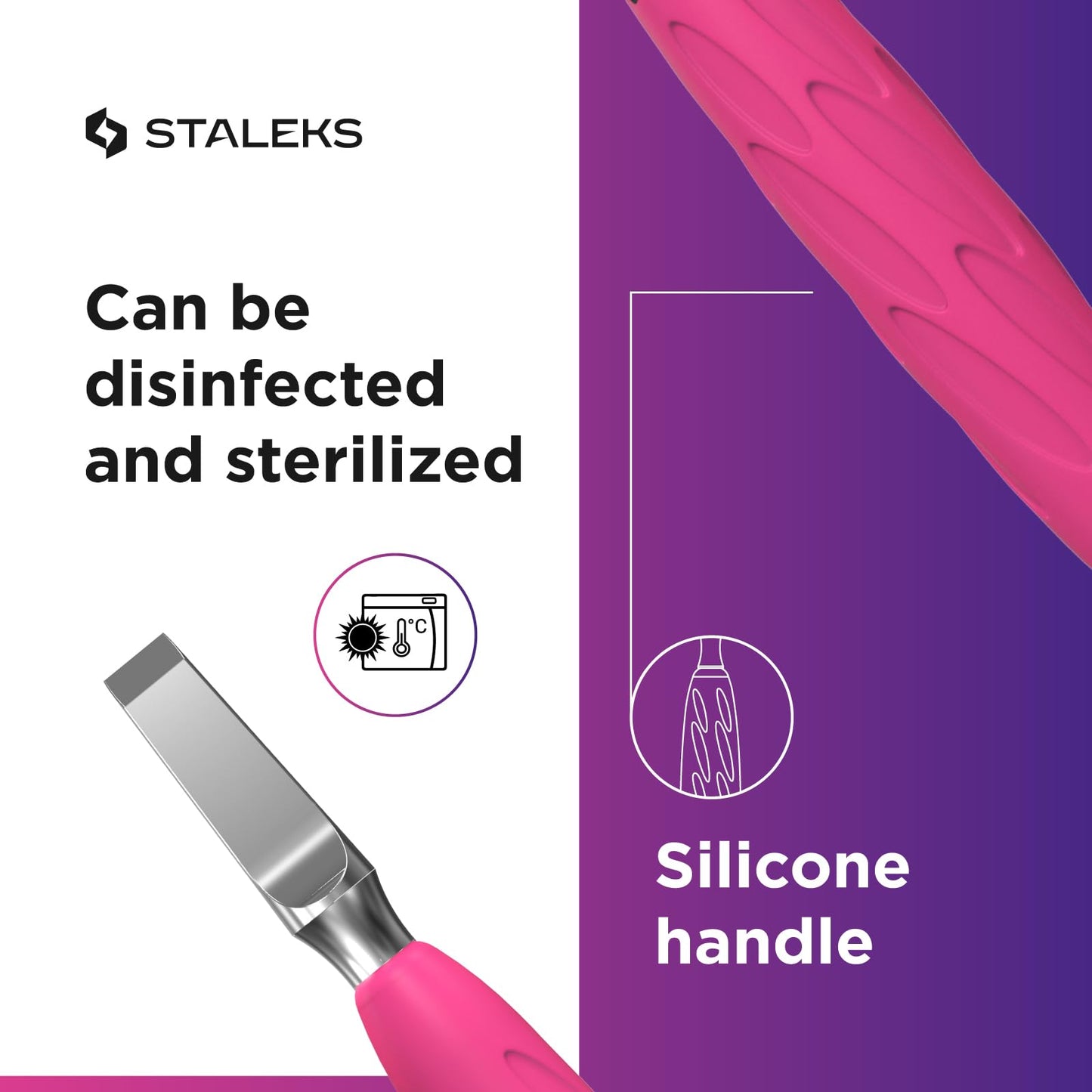 Staleks Pro Manicure Pusher UNIQ 10 Type 5 – Silicone Handle – Narrow Rounded Pusher & Straight Blade