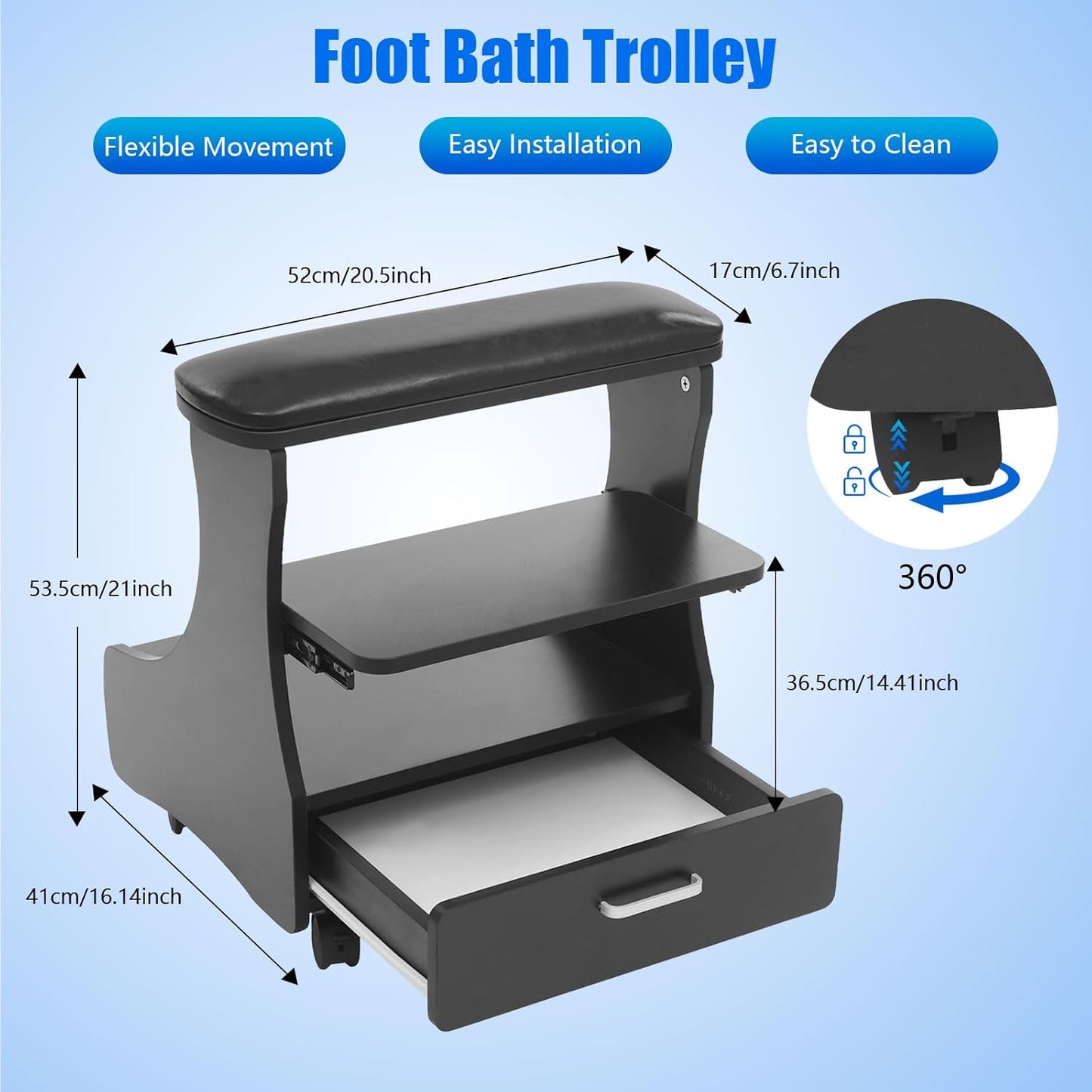 Portable Foot Rest Pedicure Trolley - 4 Wheels with Brakes | Spa Cart with Drawer for Salons & Home (Black)