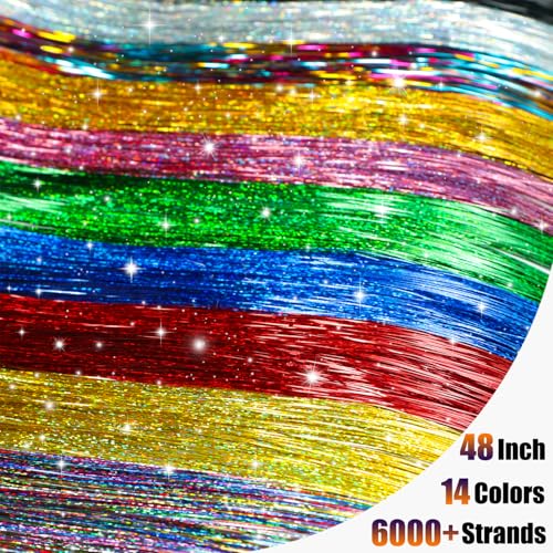 Hair Tinsel Kit - 6000 Strands in 14 Colors, 48 Inch Sparkling Extensions