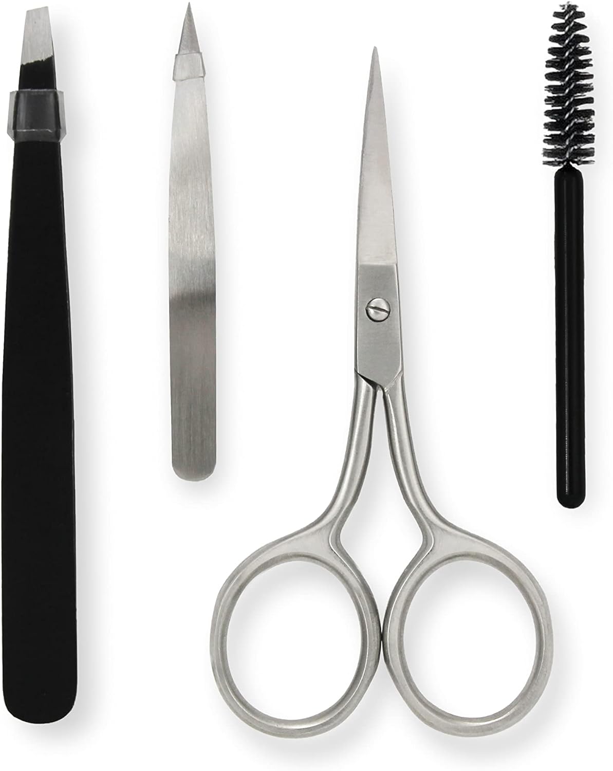 Eyebrow Grooming Kit - 4-Piece Set with Scissors, Tweezers & Spoolie Brush | Black