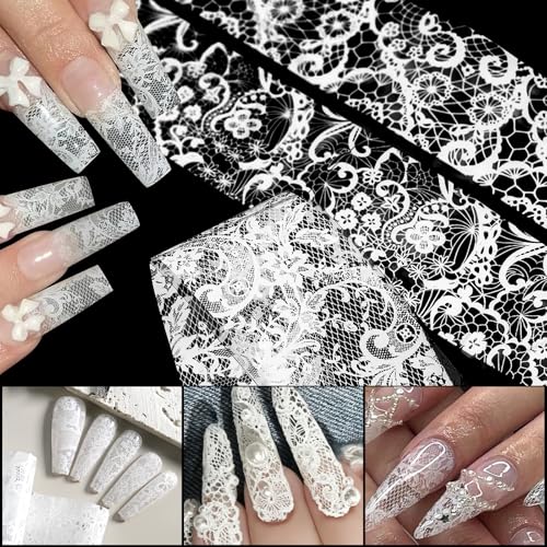 MOLILON 10 Rolls White Lace Nail Foil with Holographic Patterns
