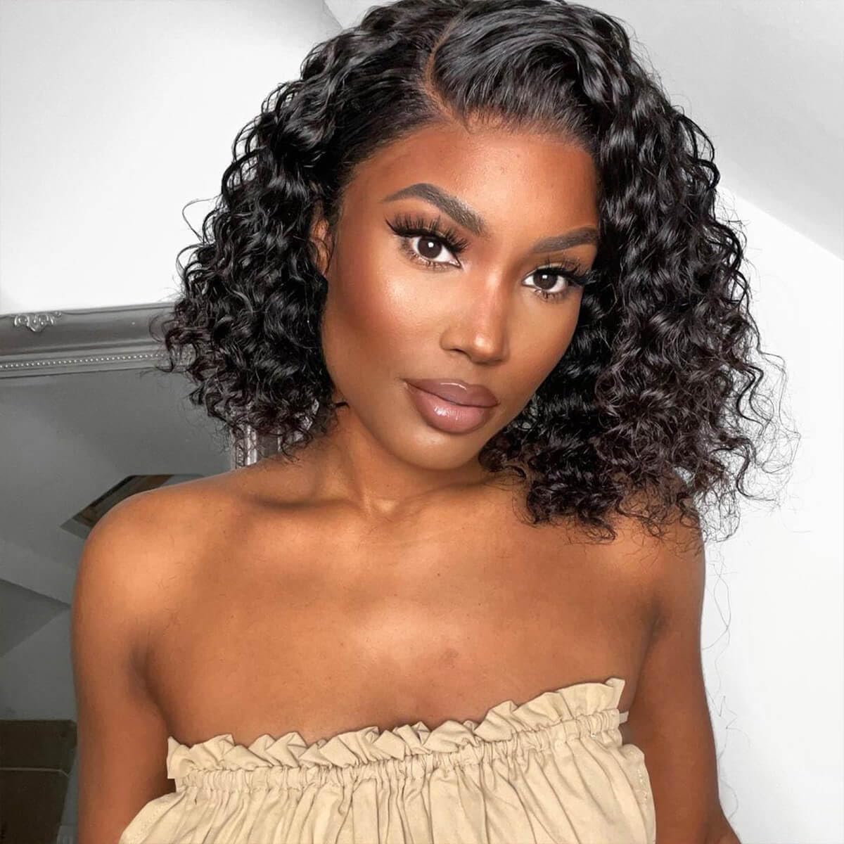 BLY Water Wave Bob Wig Human Hair 7x5 C Part Transparent Lace Wear and Go Glueless Wig Pre Cut Pre Bleached Knots 180% Density Short Wig for Women Natural Black 14 Inch