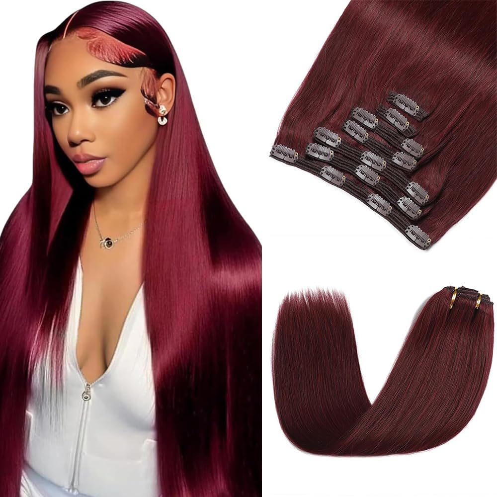 #99J Burgundy Clip in Hair Extensions, 16 Inch 120g/7Pcs,Full Shine Remy Human Hair,Wine Red Straight Clip ins Brazilian Virgin Human Hair Extensions