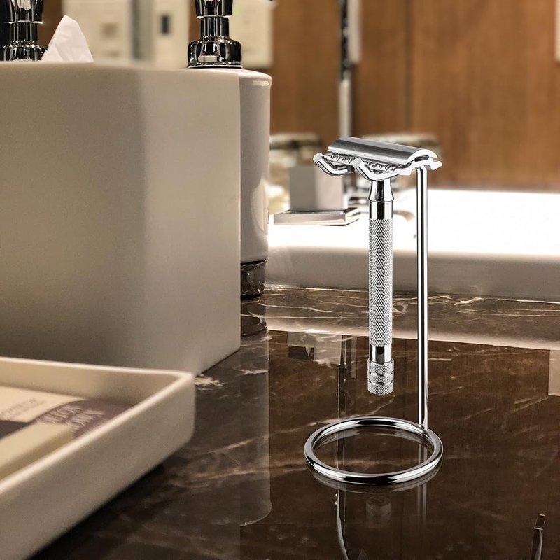 Linkidea Stainless Steel Safety Razor Stand, Shaving Stand, Travel Shaver Holder, Compatible with Long Handle Razor, Fusion 5, ProShield, Mach 3 (Silver/Polished Chrome)